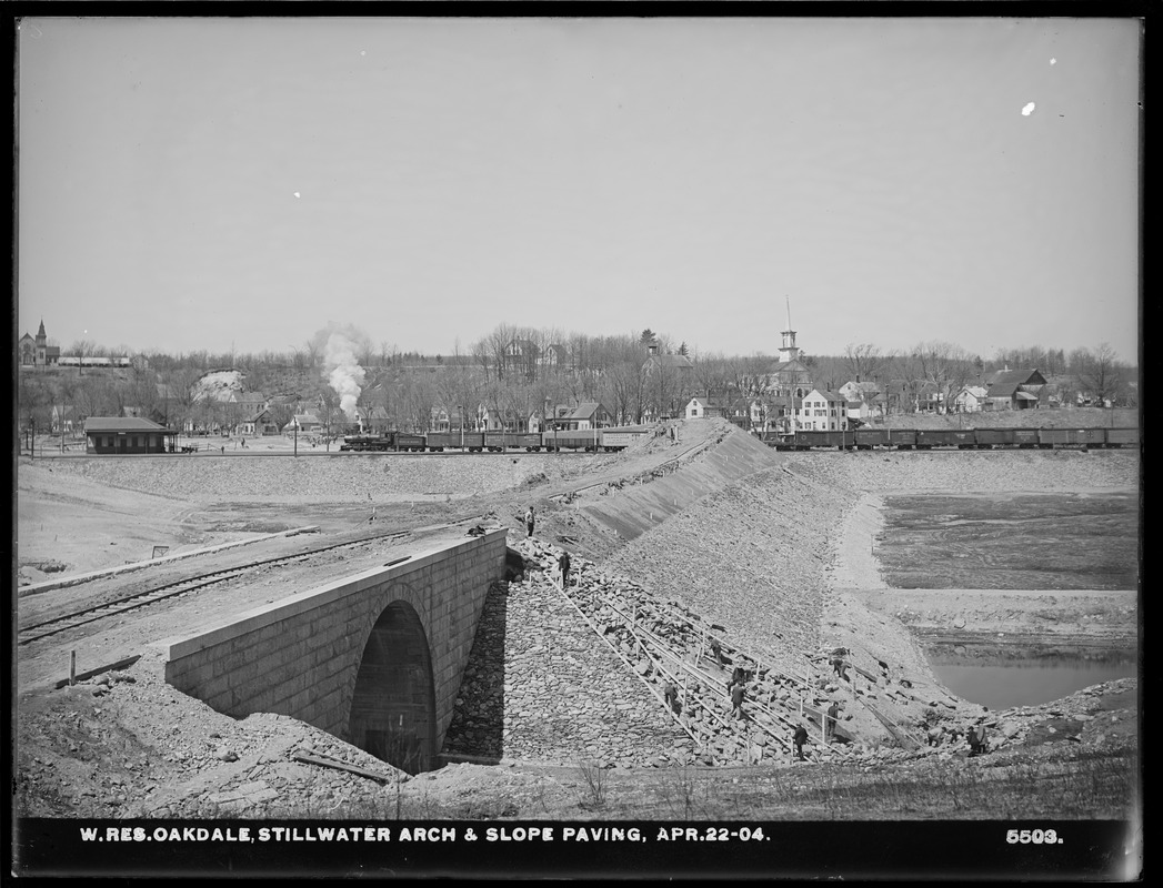 Wachusett Reservoir, Stillwater Arch and slope paving, Oakdale, West Boylston, Mass., Apr. 22, 1904