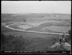 Wachusett Reservoir, South Dike, from Carville's Hill, with boy and girl standing on rock overlooking work, Boylston; Clinton, Mass., Jul. 5, 1904