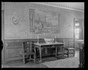 Lee Mansion, Marblehead, Marbletopped table and wallpaper (2nd floor landing)