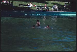 Three children swimming in park pond, Boston Common