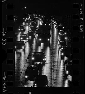 Night traffic southbound on Central Artery near South Station, downtown Boston