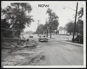 In Agawam- Illustrating the tremendous reconstruction accomplished in areas ravaged by the floods are these pictures of the same spot, showing how it looked two weeks ago and how it looks today. At left- Overturned car beneath the washed out street's waterfall had been parked overnight beside the road. The photo at right shows how temporary repairs have smoothed roadbed and partly filled caved-in section.