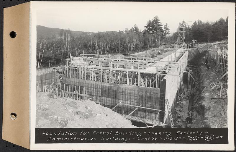 Contract No. 56, Administration Buildings, Main Dam, Belchertown, foundation for patrol building, looking easterly, Belchertown, Mass., Nov. 2, 1937