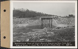 Contract No. 66, Regulating Dams, Middle Branch (New Salem), and East Branch of the Swift River, Hardwick and Petersham (formerly Dana), downstream face of east branch regulating dam from east side of river, Hardwick, Mass., Sep. 12, 1939