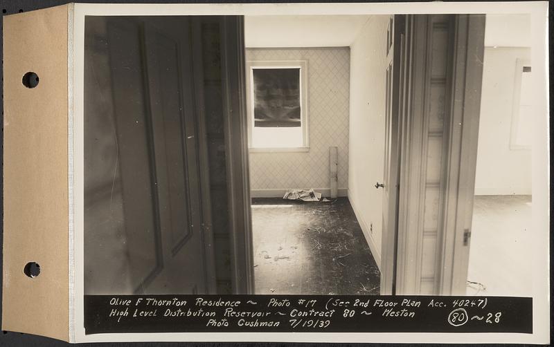 Contract No. 80, High Level Distribution Reservoir, Weston, Olive F. Thornton Residence, photo no. 17, high level distribution reservoir, Weston, Mass., Jul. 19, 1939