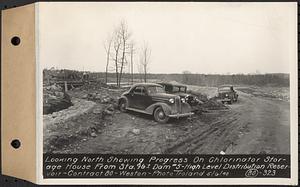 Contract No. 80, High Level Distribution Reservoir, Weston, looking north showing progress on chlorinator storage house from Sta. 96+/- dam 5, high level distribution reservoir, Weston, Mass., May 6, 1940