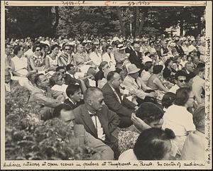 Audience outdoors at opera scenes at gardens at Tanglewood on Parade. In center of audience Ann Beauharnais, Gertrude and Col. Roman Michelowski