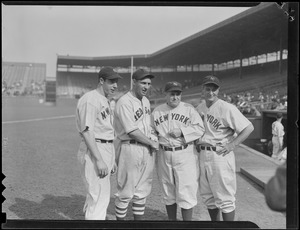 L-R: Joe DiMaggio, Ben Chapman of the Sox, Joe McCarthy and Lou Gehrig at Fenway, Red Sox vs. Yankees