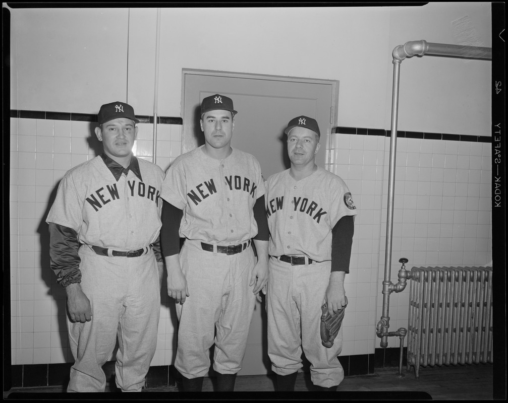 New York Yankees players in clubhouse at Fenway