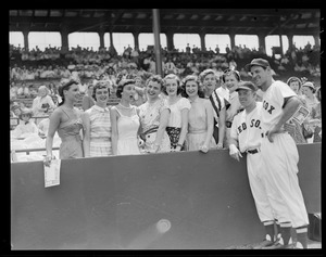 Vern Stephens and Walt Dropo are visited by a group of lovely ladies at Fenway
