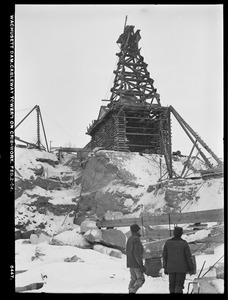 Wachusett Dam, cableway tower No. 1 on crib-work, Clinton, Mass., Feb. 2, 1904