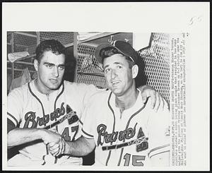 Philadelphia. Milwaukee Braves Hero’s – Veteran Mickey Vernon, (right) who slashed a ninth inning pinch single that resulted in two runs helped give the pennant driving Milwaukee Braves an 8-5 victory over the Philadelphia Phillies at Connie Mack Stadium, on the left is Joe Jay who went in relief of pitcher Law Burdette.