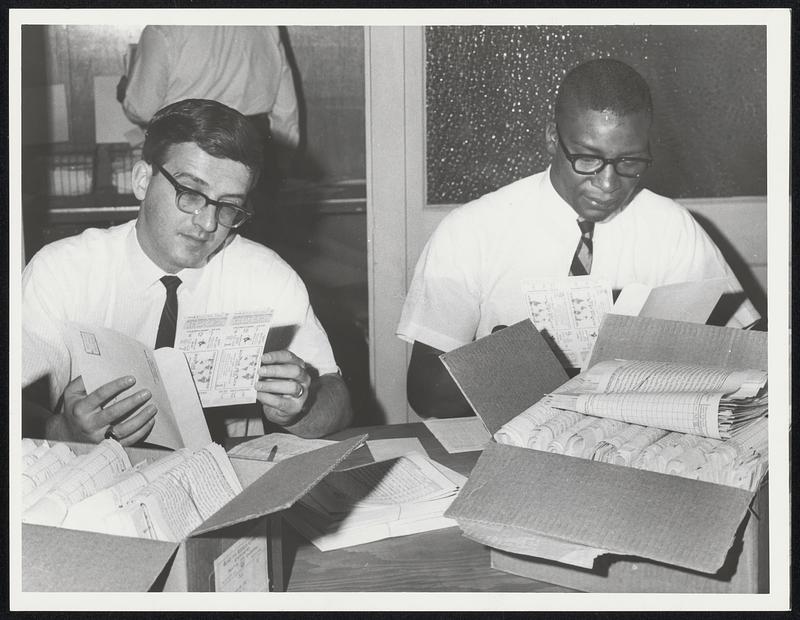 Frank Galibois and Wally Shaw filling ticket orders at Fenway Park.
