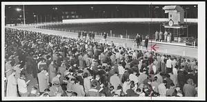 Part of The Throng of 17,500 fans who turned out to welcome greyhound racing to the local scene as Wonderland opened its 20th season last night watch the racers as they parade to the post.