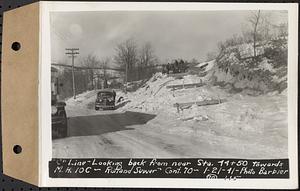 Contract No. 70, WPA Sewer Construction, Rutland, "C" line, looking back from near Sta. 44+50 towards manhole 10C, Rutland Sewer, Rutland, Mass., Jan. 21, 1941
