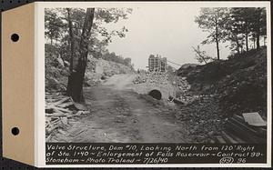 Contract No. 99, Enlargement of Fells High Level Distribution Reservoir, Stoneham, Malden, Melrose, valve structure, dam 10, looking north from 120 feet right of Sta. 1+40, enlargement of Fells Reservoir, Stoneham, Mass., Jul. 26, 1940