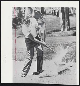 Doug Sanders blasts from a trap on the 16th hole during yesterday's opening round of the U.S. Open at Denver. He took a bogey 5 on the hole. He followed with a par and double bogey. Three pars would have put him ahead of leader Mike [So]uchack.