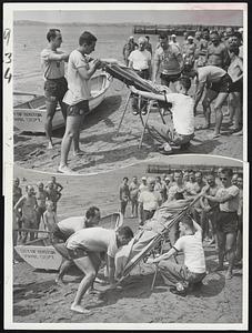 Latest Lifesaving Equipment is demonstrated at the L Street Bath, South Boston, where no drownings have occurred in 24 years. The "victim" on the rocking resuscitator is John Scurti of South Boston. The lifeguards on the handles are (left to right) Edmund Moekus, Frank Welling, Bob Tierney and John McHugh. Leonard Walsh squats at the controls while Robert N. Donovan, superintendent of baths, stands in rear center.