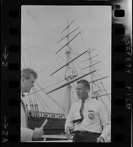 Francis Sargent in front of clipper ship Flying Cloud