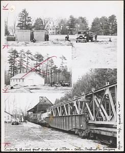 Composite showing great girder at bottom, center, construction company office, top, general view