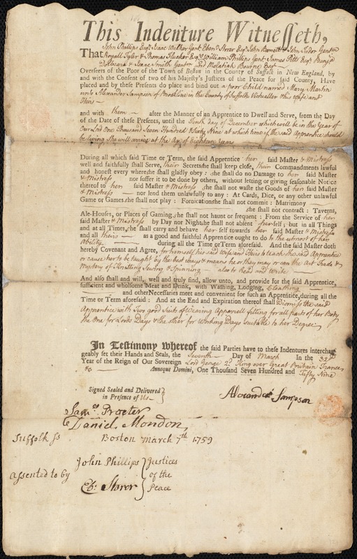 Mary Martin indentured to apprentice with Alexander Sampson of Brookline, 7 March 1759