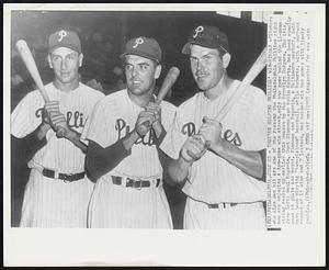 They're Helping Phillies' Win-Streak - Pitchers who also can hit are one of the reasons the Philadelphia Phillies right now are enjoying a ten-game win streak, only one game behind the 11-game string racked up earlier this season by the Brooklyn Dodgers. The trio, from left: Saul Rogovin, Curt Simmons and Robin Roberts, has been equally good at plate and mound. Simmons and Rogovin, a Baltimore castoff, both have been playing "two-platoon" baseball, while Roberts, with a current record of 15 wins and 7 losses, has helped win two games with timely doubles.