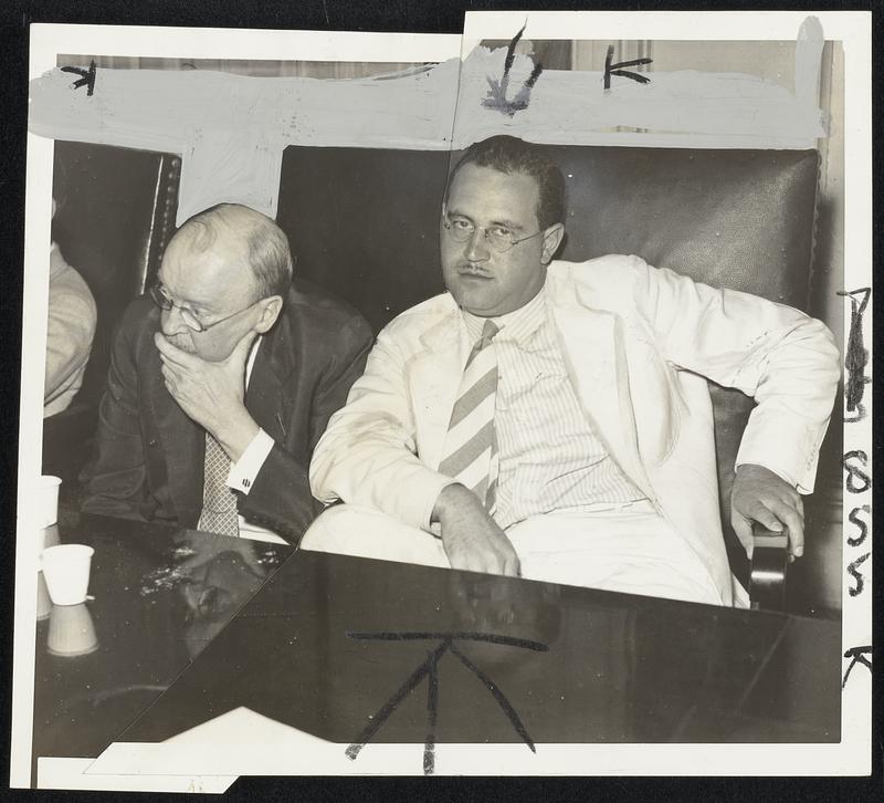 Mayor's brother at Finance Commission investigation. Edmund Mansfield (left) listening intently to testimony. At right is his counsel, Atty. Mark Robinson.