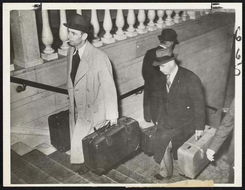 The cause and effect of the crippling of Providence hotels. Above: A locker room scene as the workers change to street clothing for their walk-out. Below: Guests compelled to carry their own luggage because the bellboys have joined the strike.