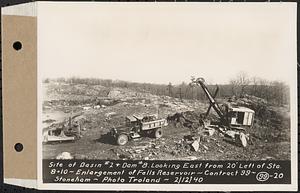 Contract No. 99, Enlargement of Fells High Level Distribution Reservoir, Stoneham, Malden, Melrose, site of basin 2 and dam 8, looking east from 20 feet left of Sta. 8+10, enlargement of Fells Reservoir, Stoneham, Mass., Feb. 12, 1940