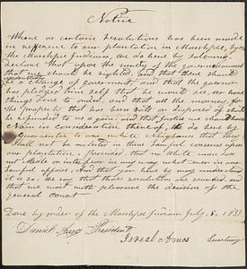 Mashpee Revolt, 1833-1834 - Notice from Daniel Amos and Isreal Amos, July 8, 1833