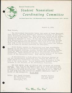 Letter requesting members contacting Governor Lawrence and Maurice Donahue about supporting the Mississippi Freedom Democratic Party