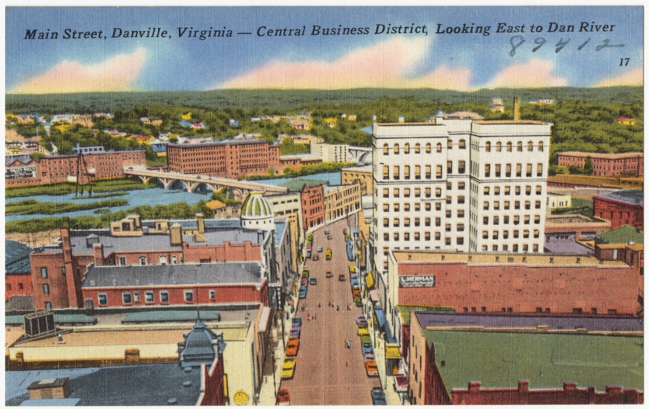 Main Street, Danville, Virginia -- Central Business District, looking east to Dan River