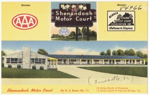 Shenandoah Motor Court, U.S. Route No. 11, 18 miles north of Roanoke, Va., 19 miles south of Natural Bridge, Va.