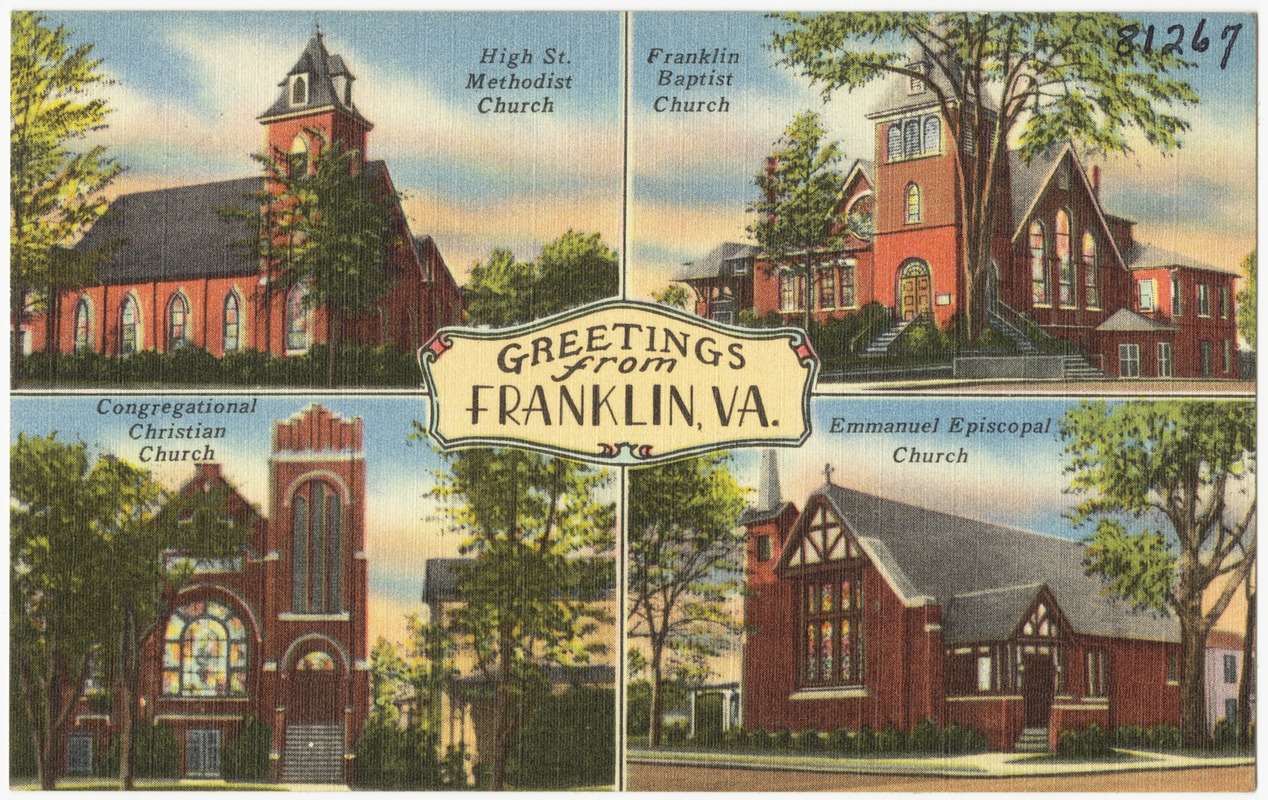 Greetings from Franklin, VA.; High St. Methodist Church; Franklin Baptist Church; Congregational Christian Church; Emmanuel Episcopal Church
