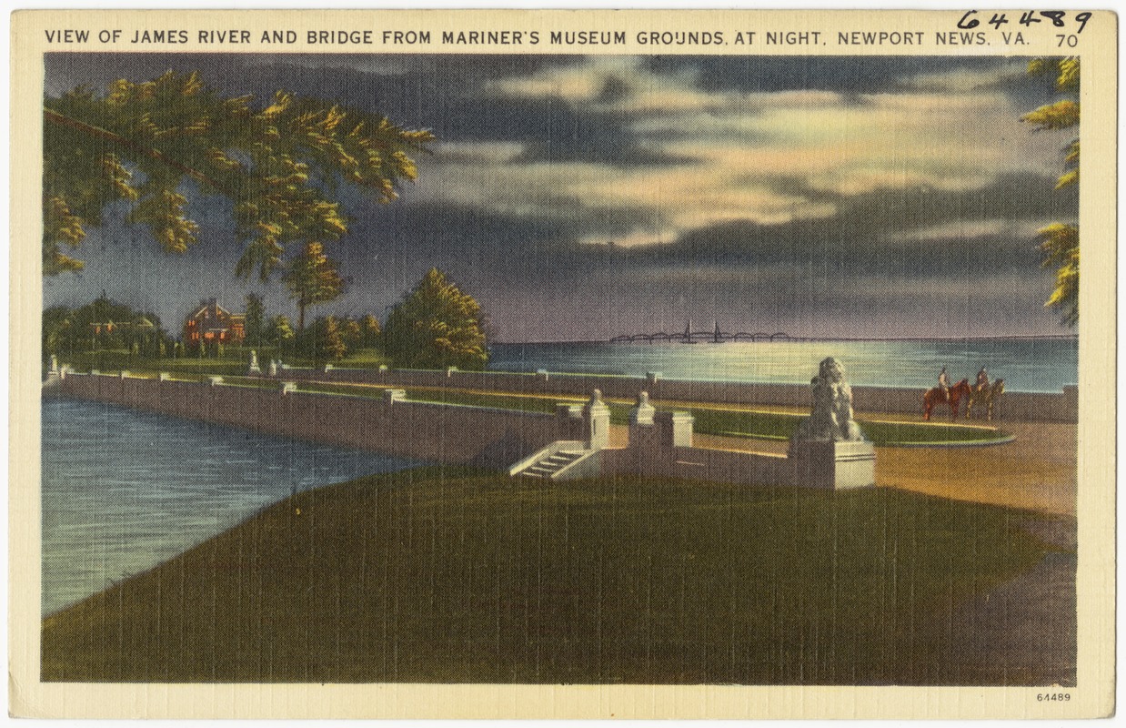 View of James River and bridge from Mariner's Museum grounds, at night, Newport News, VA.