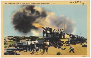 Big guns in action at Fort Story, Cape Henry, near Norfolk, VA.