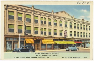 New Virginia Hotel, M. F. Garrett, Prop., Plume Street near Granby, Norfolk, VA.