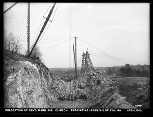 Relocation Central Massachusetts Railroad, excavating ledge, northeast of station 125, Clinton, Mass., Apr. 6, 1903