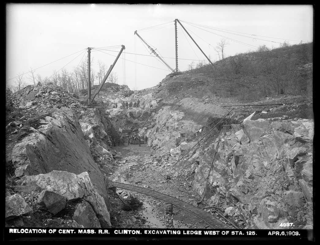 Relocation Central Massachusetts Railroad, excavating ledge, west of station 125, Clinton, Mass., Apr. 6, 1903