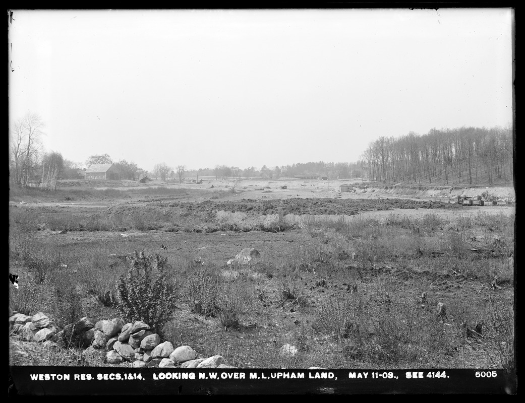 Weston Aqueduct, Weston Reservoir, Sections 1 and 14, looking northwest over M. L. Upham's land (compare with No. 4144), Weston, Mass., May 11, 1903