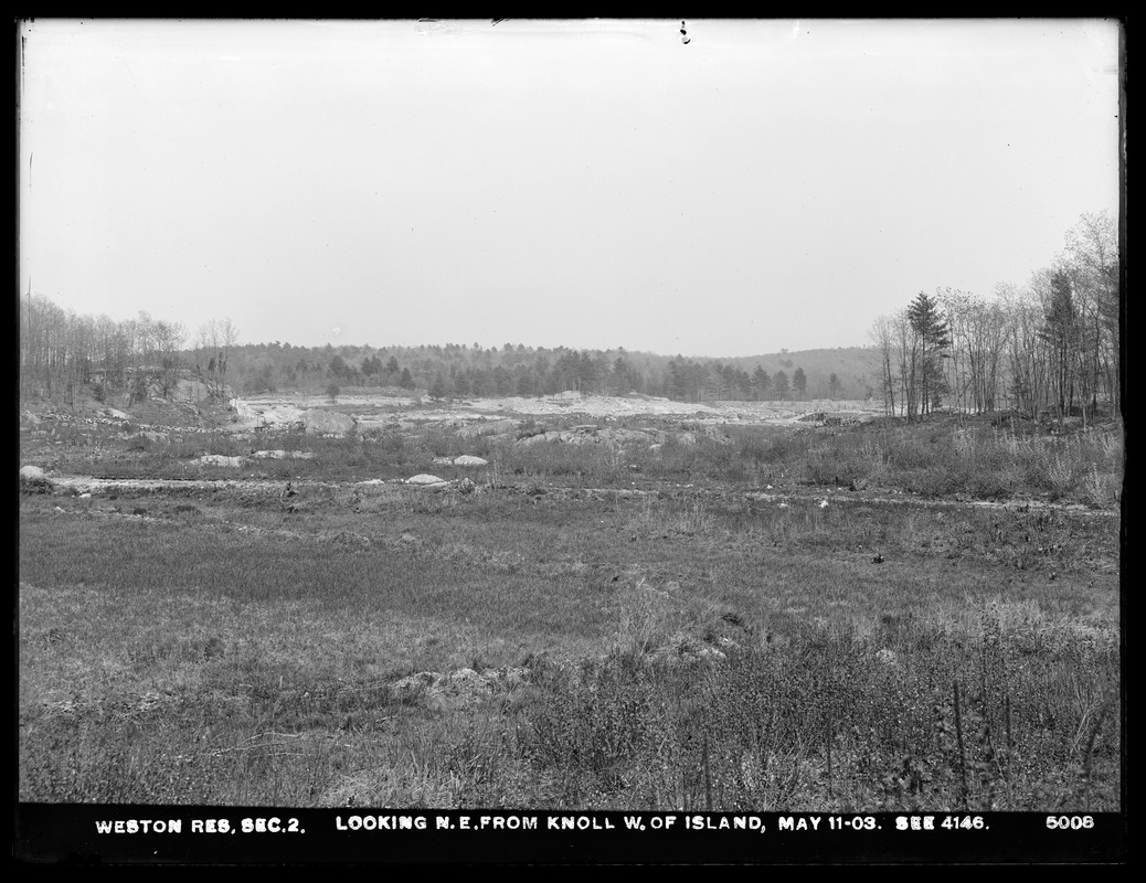 Weston Aqueduct, Weston Reservoir, Section 2, looking northeast from knoll west of island (compare with No. 4146), Weston, Mass., May 11, 1903