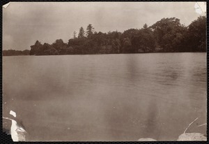 Distribution Department, Low Service Spot Pond Reservoir, looking towards Stone House Point (looking northeast from opposite Melrose Pump); verso, "from boat; shows the fine trees characteristic of these shores and the poorer trees behind in the private estates; note the spruce trees on private estates which are characteristic of none of the present shores", Stoneham, Mass., Jul. 1898