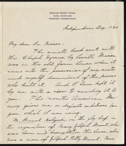 [Letter] 1930 July 4, Winstead, Connecticut [to] Dr. Mason