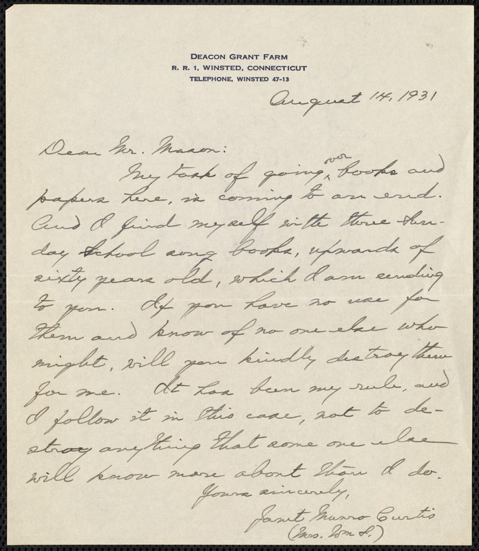 [Letter] 1931, August 14, Winstead, Connecticut [to] Mr. Mason