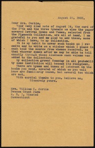 [Letter] 1931, August 20 [to] Mrs. William S. Curtis, Winstead, Connecticut