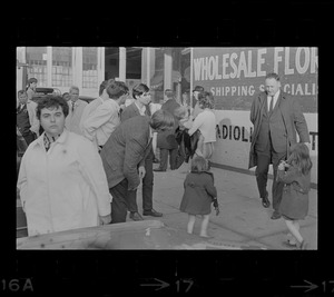 A group of people on sidewalk near Boston Redevelopment Authority South End office