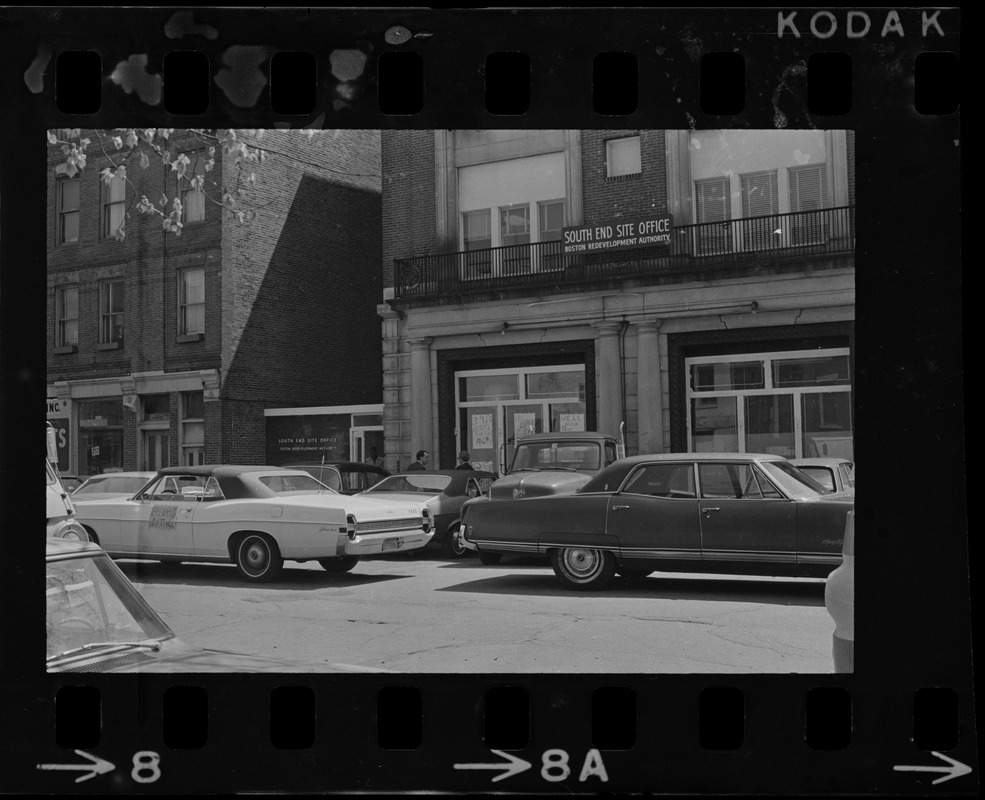 Street level view of Boston Redevelopment Authority South End office building during sit-in