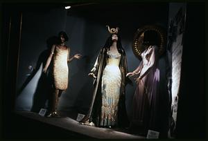 Window with mannequins displaying costumes worn by Elizabeth Taylor in "Cleopatra"