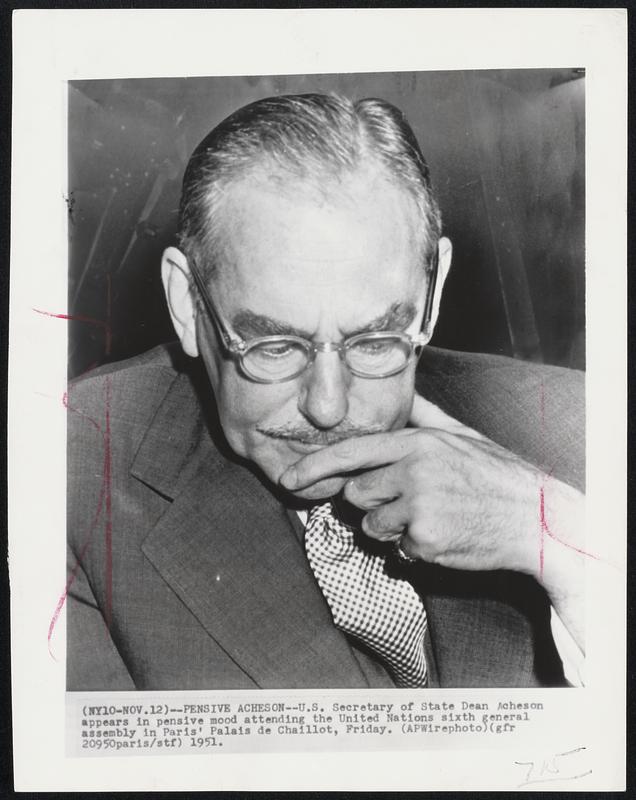 Pensive Acheson--U.S. Secretary of State Dean Acheson appears in pensive mood attending the United Nations sixth General assembly in Paris; Palais de Chaillot, Friday.