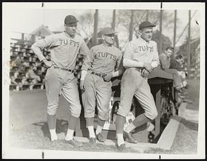 The three Tony's on Tufts team. Left to right: Tony Radvilas, Stoughton, pitcher; Tony Spath, Short stop; and Tony Wojy, pitcher.
